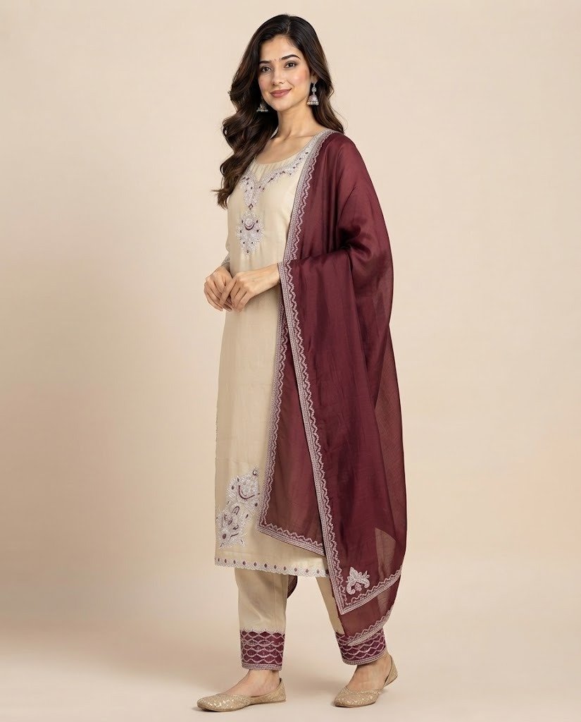 Ivory Cutdana Work Satin Unstitched Suit Set - Image 3