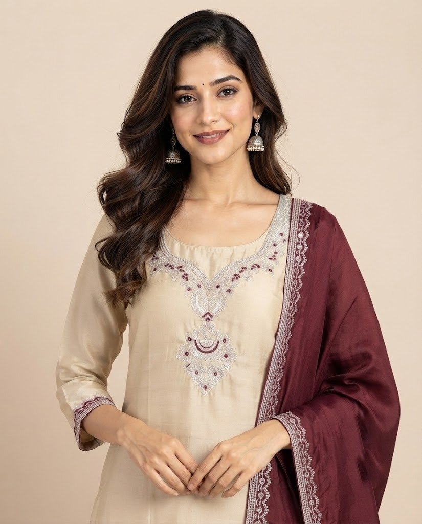 Ivory Cutdana Work Satin Unstitched Suit Set - Image 4
