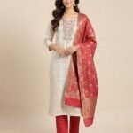 Ivory Chikan Suit with Red Banarasi Dupatta