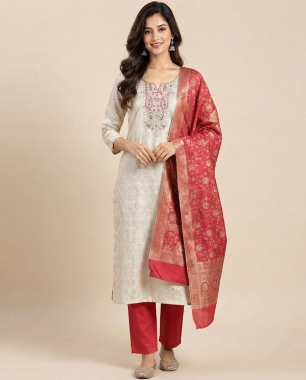 Ivory Chikan Suit with Red Banarasi Dupatta