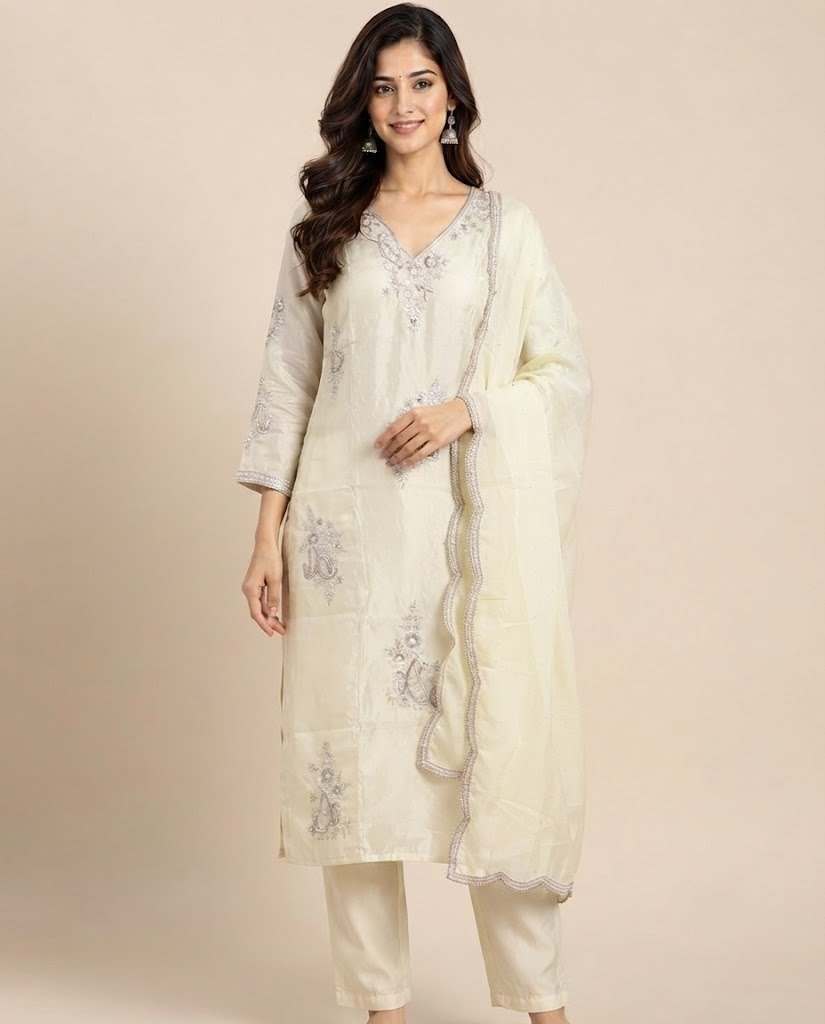Paisley Handwork Satin Unstitched Suit Set - Image 5