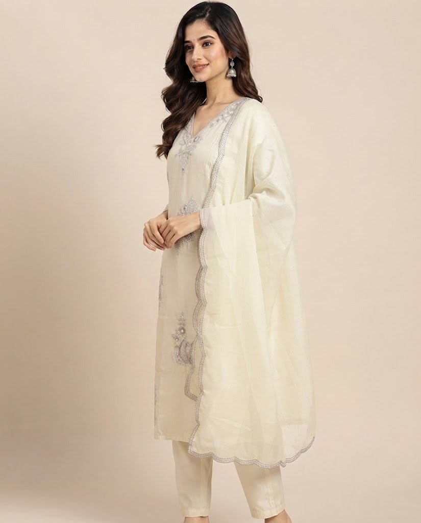 Paisley Handwork Satin Unstitched Suit Set - Image 6