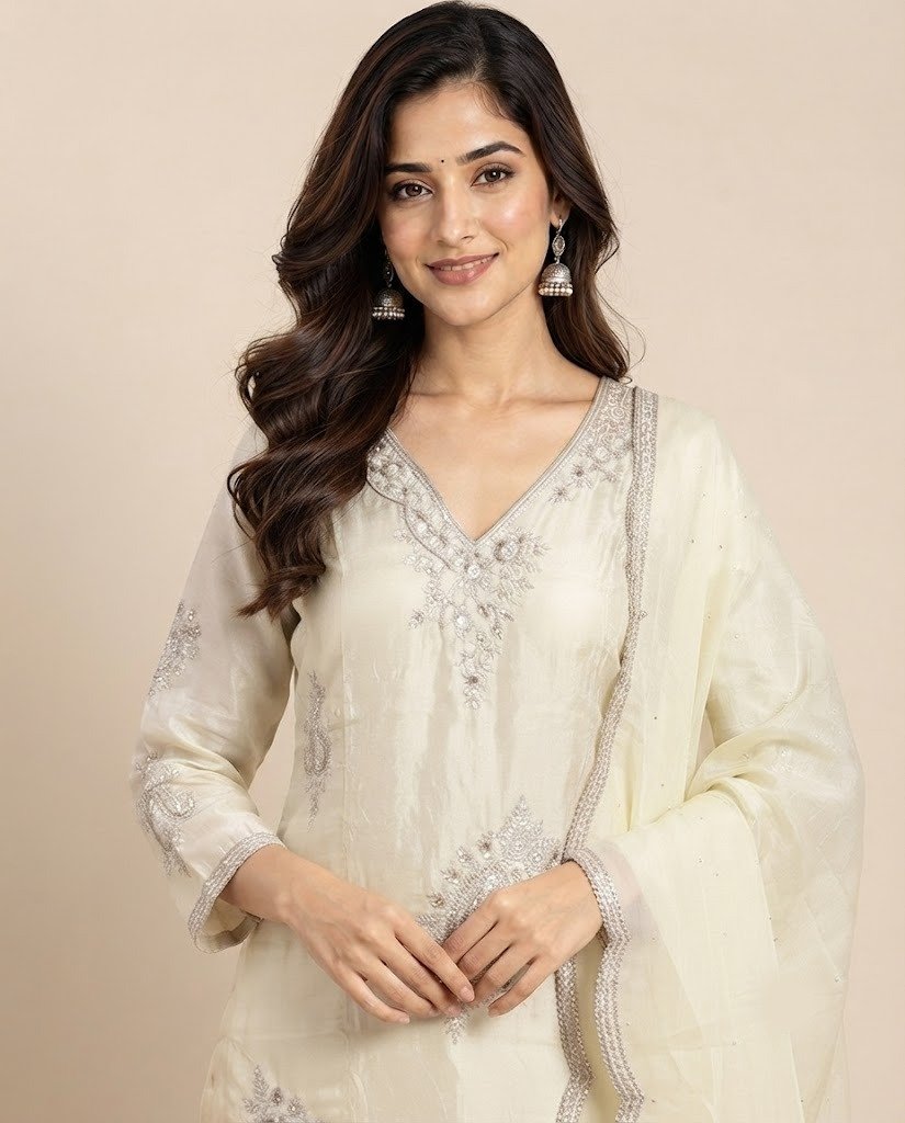 Paisley Handwork Satin Unstitched Suit Set - Image 7