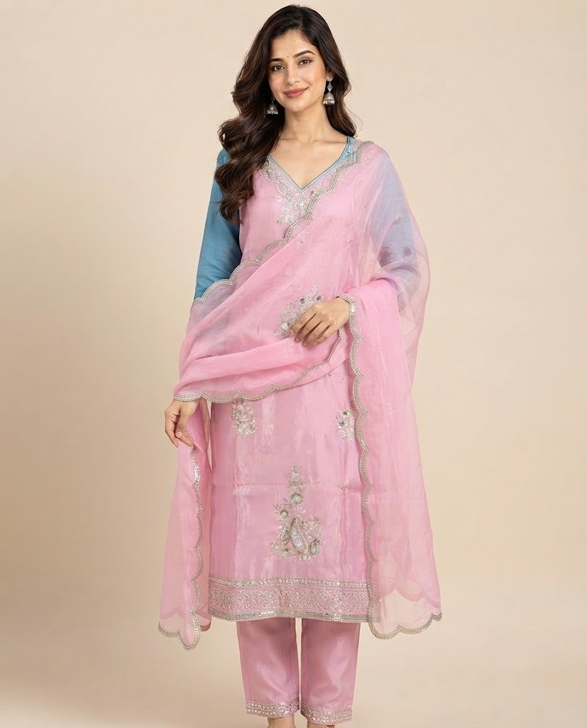 Paisley Handwork Satin Unstitched Suit Set - Image 8