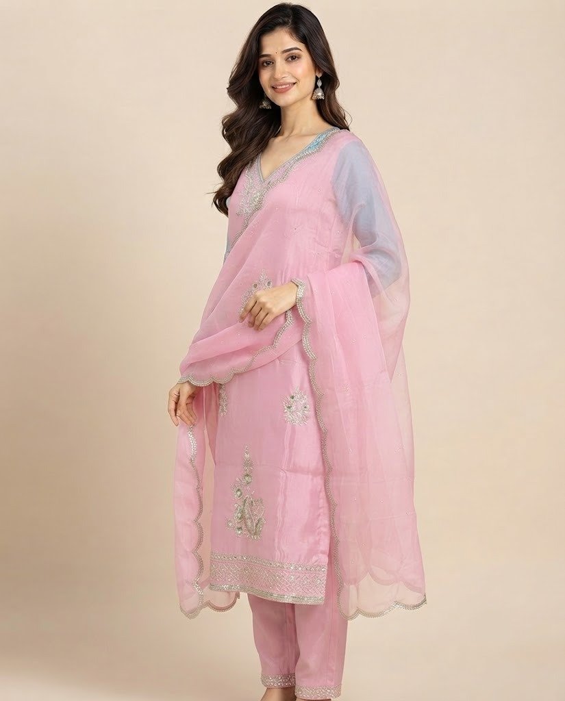 Paisley Handwork Satin Unstitched Suit Set - Image 9