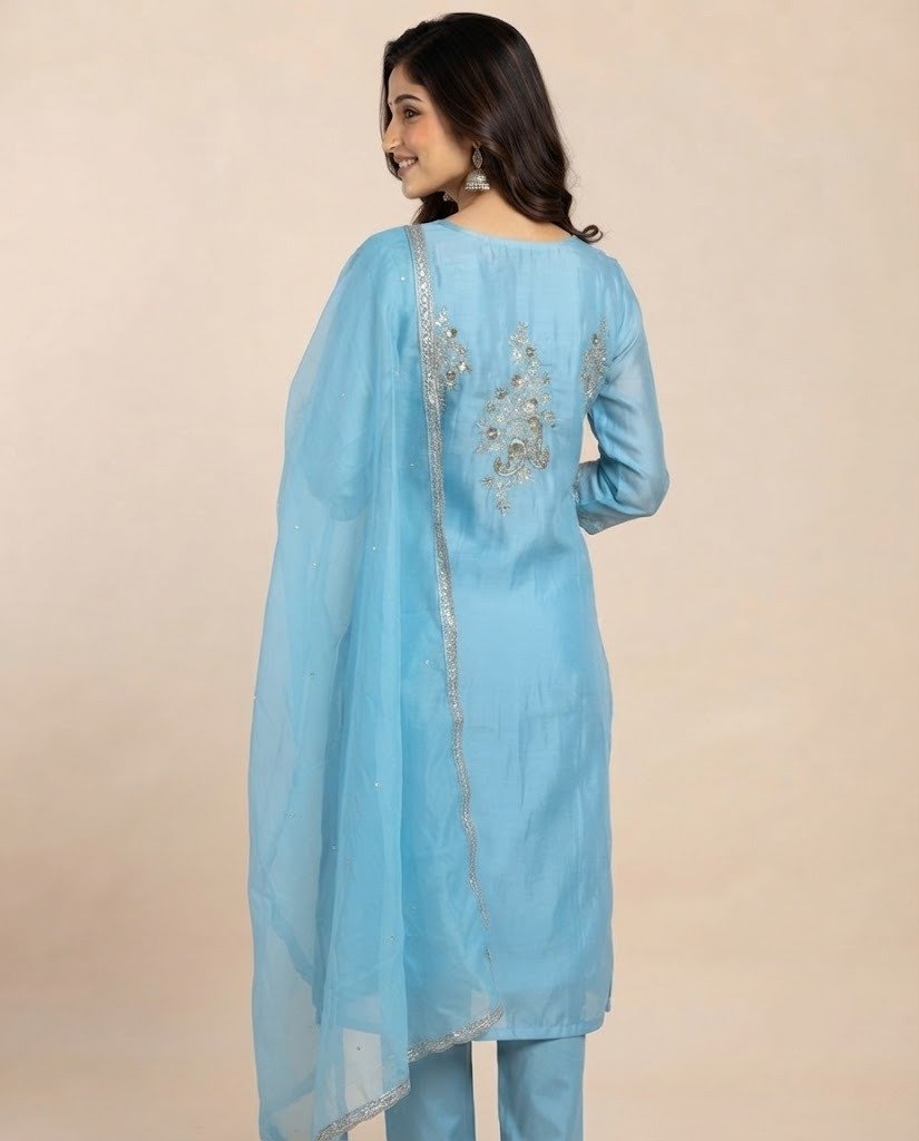 Paisley Handwork Satin Unstitched Suit Set - Image 2
