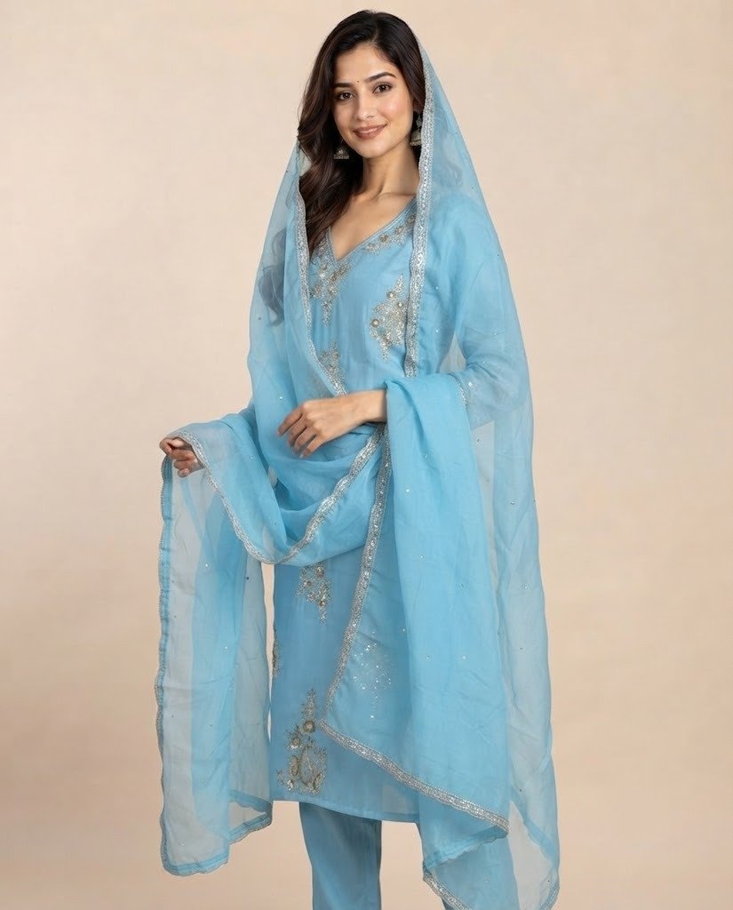 Paisley Handwork Satin Unstitched Suit Set - Image 3