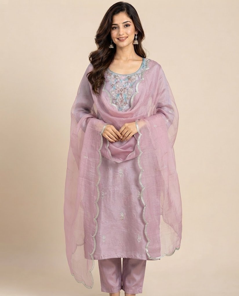 Stone Work Neckline Satin Unstitched Suit Set - Image 8