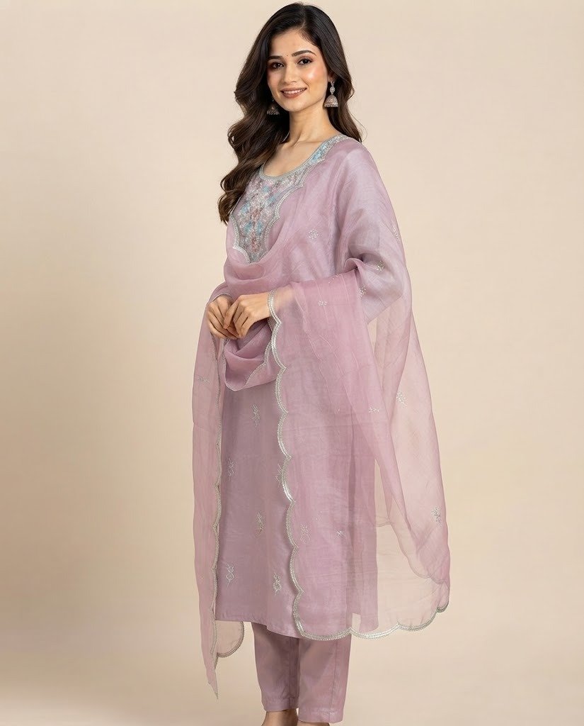 Stone Work Neckline Satin Unstitched Suit Set - Image 9