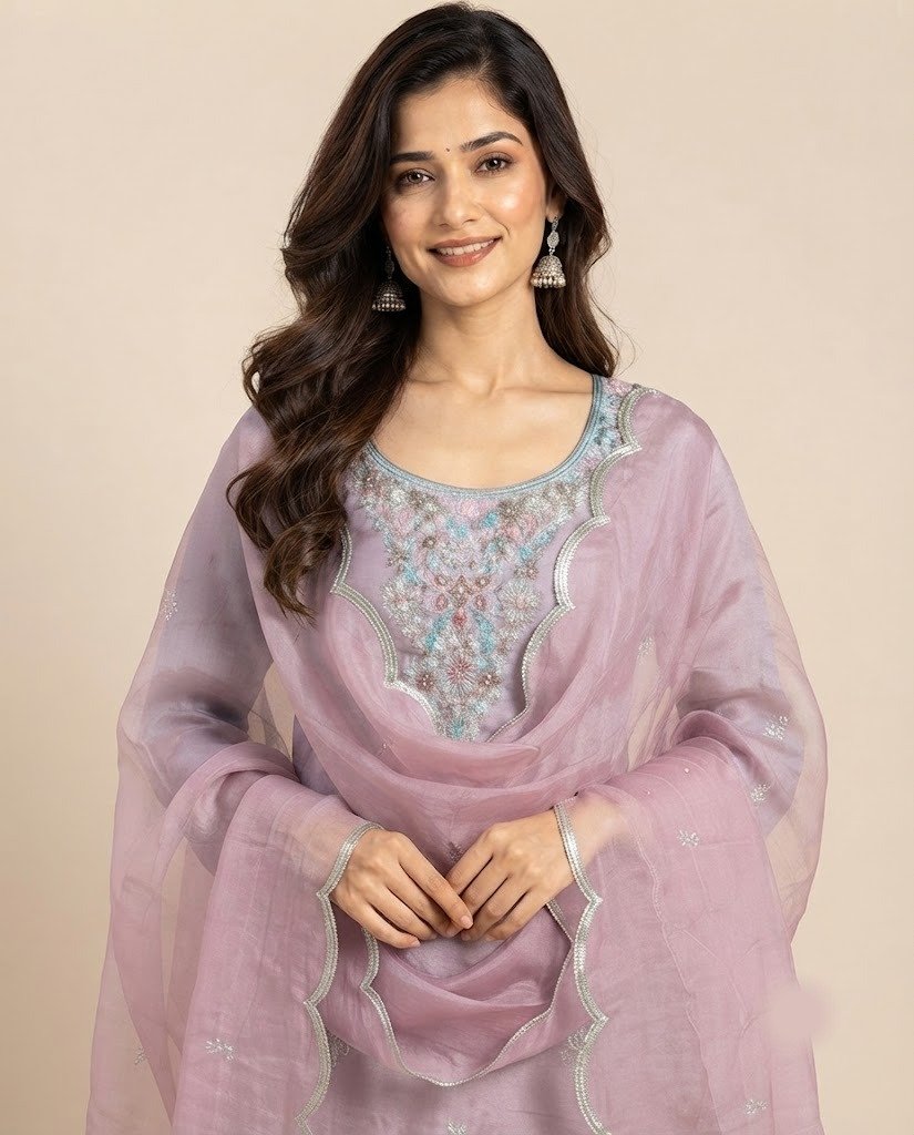 Stone Work Neckline Satin Unstitched Suit Set - Image 10