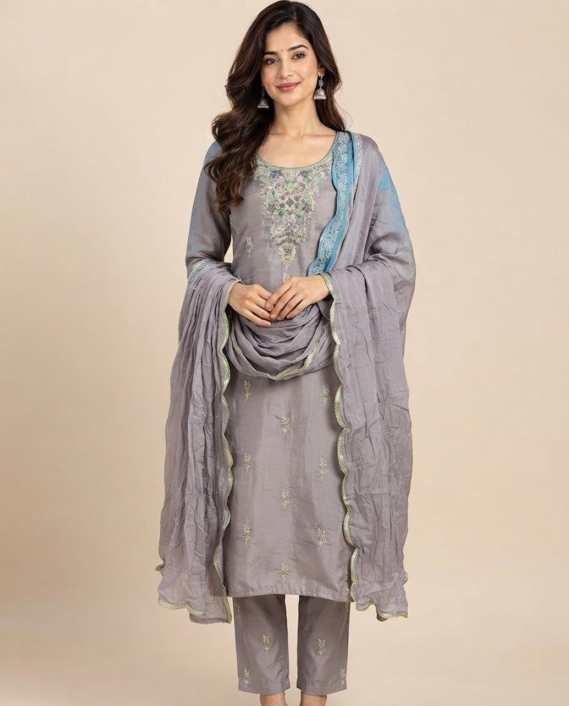 Stone Work Neckline Satin Unstitched Suit Set - Image 5