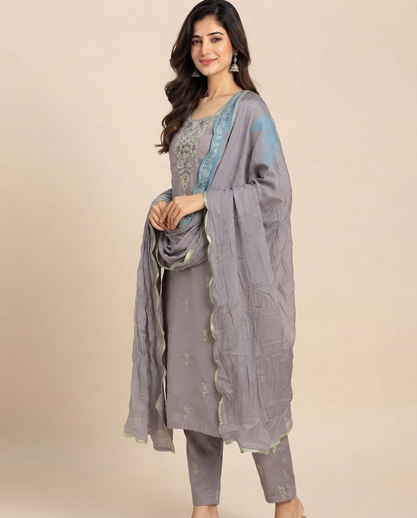 Stone Work Neckline Satin Unstitched Suit Set - Image 6