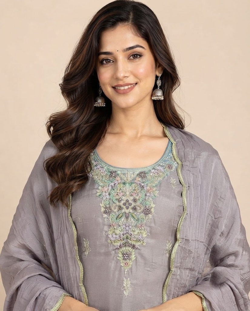 Stone Work Neckline Satin Unstitched Suit Set - Image 7