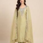 Stone Work Neckline Satin Unstitched Suit Set