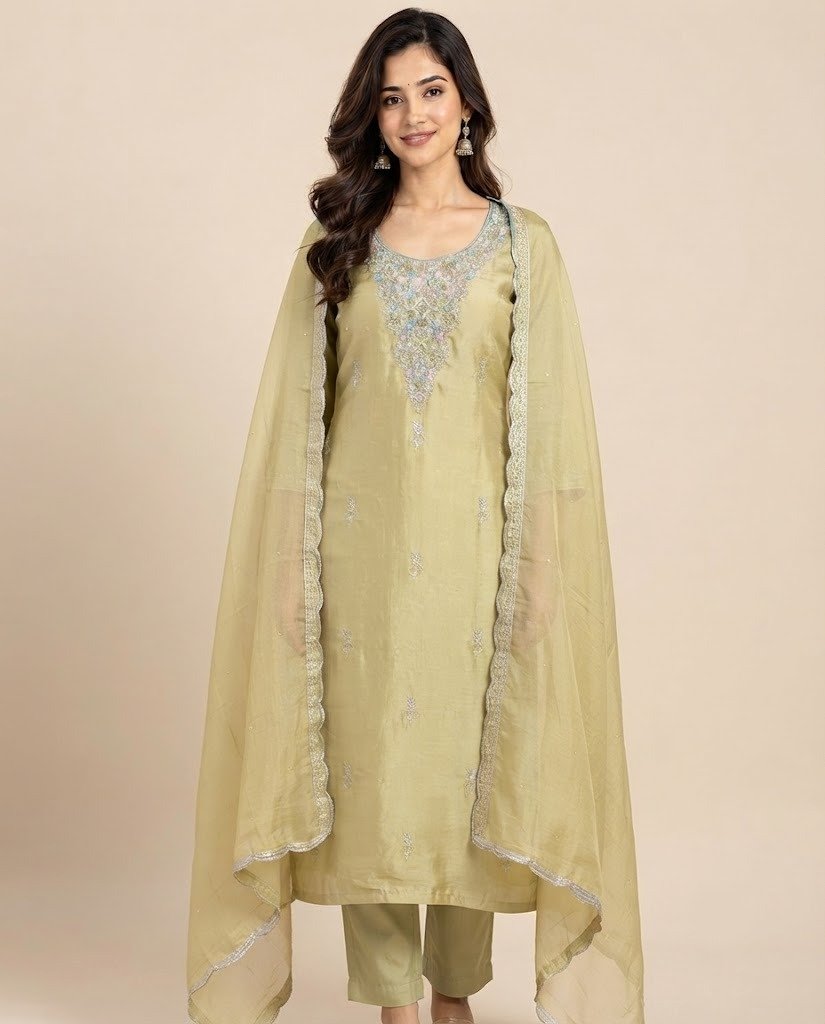 Stone Work Neckline Satin Unstitched Suit Set