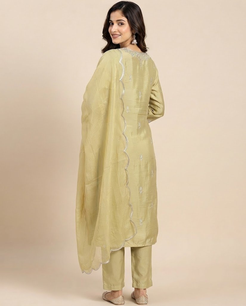 Stone Work Neckline Satin Unstitched Suit Set - Image 2