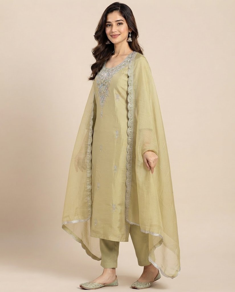 Stone Work Neckline Satin Unstitched Suit Set - Image 3