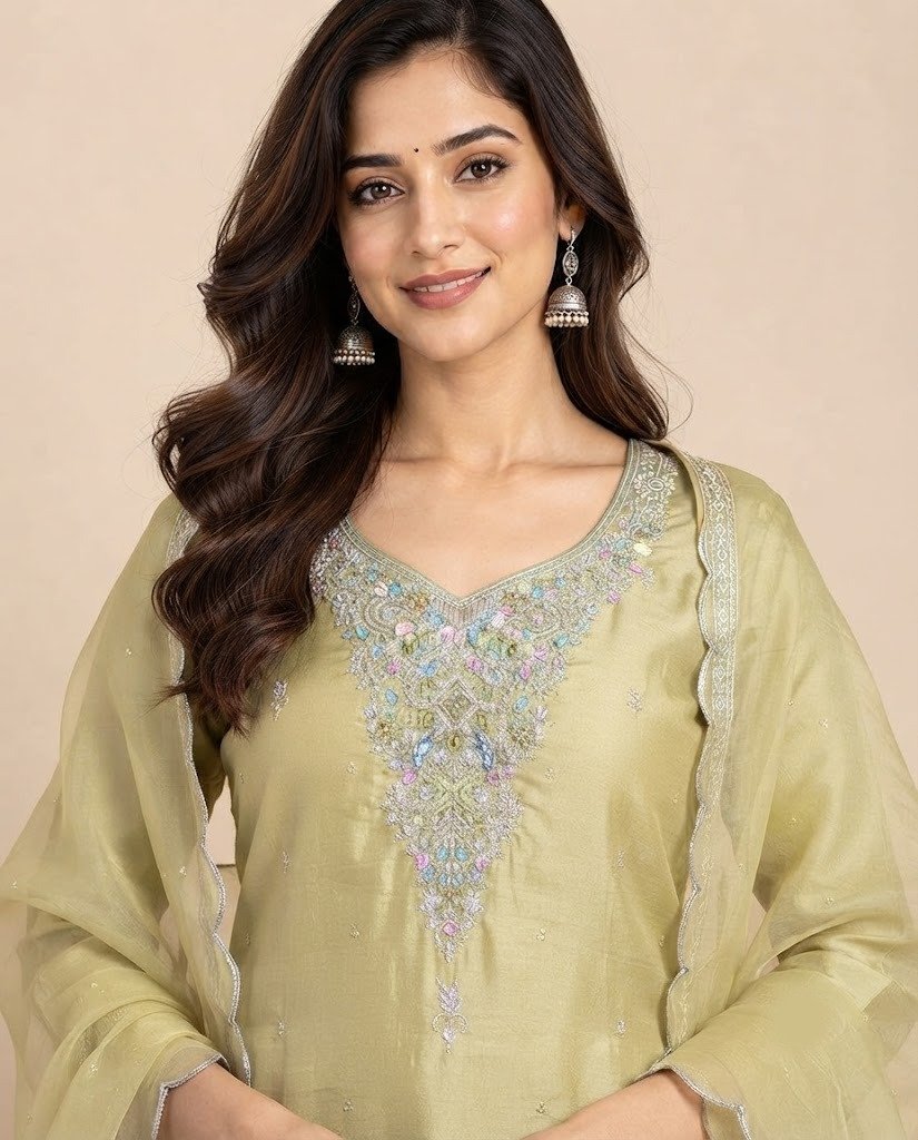 Stone Work Neckline Satin Unstitched Suit Set - Image 4