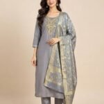 Golden Zari Neckline Suit with Banarasi Dupatta