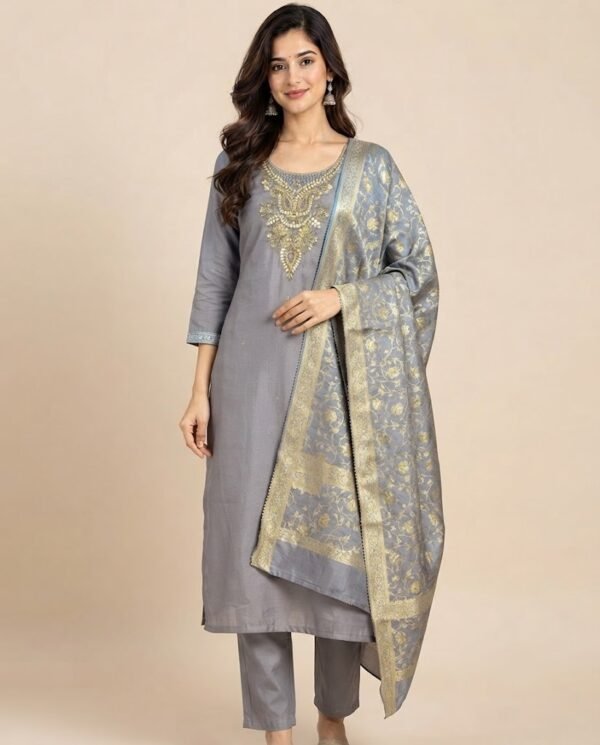 Golden Zari Neckline Suit with Banarasi Dupatta