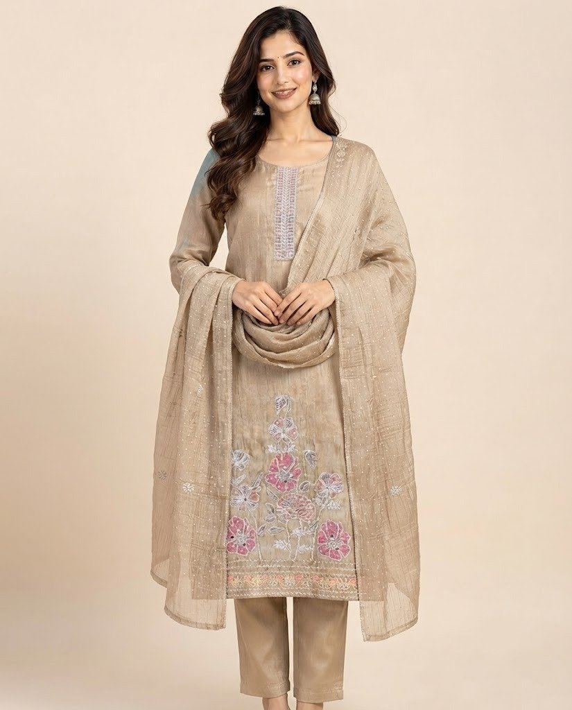 Floral Embroidered Chanderi Unstitched Suit Set - Image 5