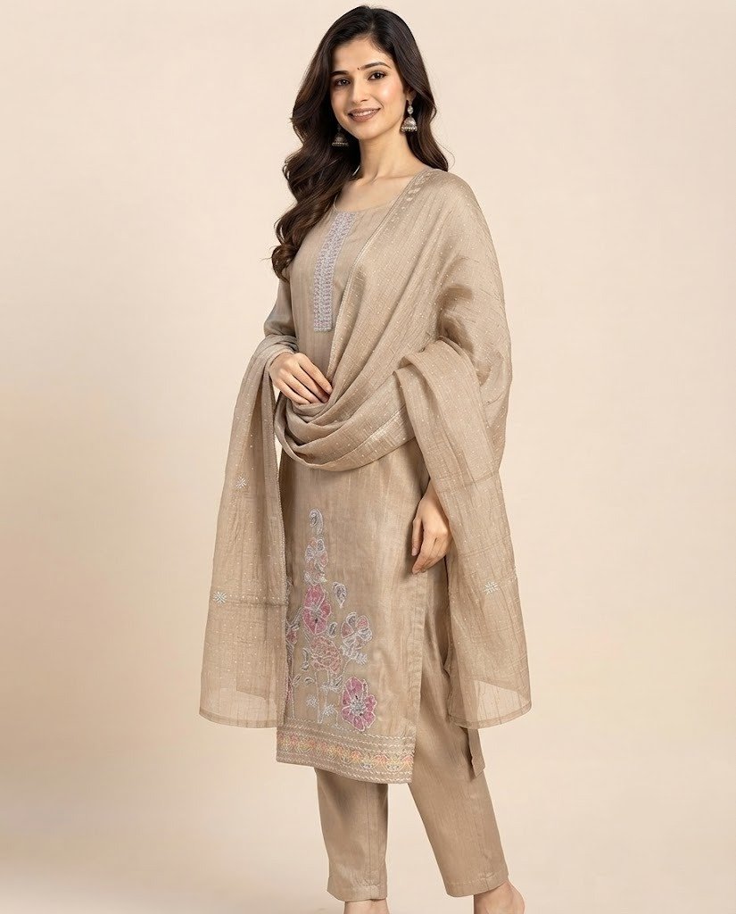 Floral Embroidered Chanderi Unstitched Suit Set - Image 6