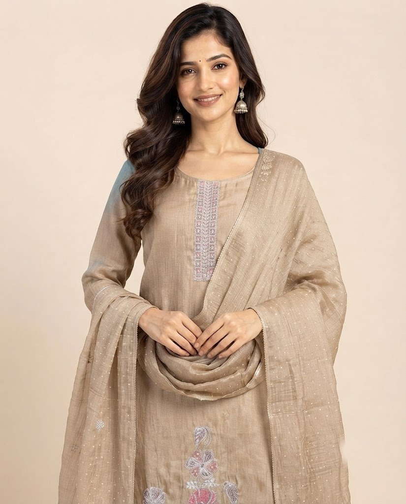 Floral Embroidered Chanderi Unstitched Suit Set - Image 7