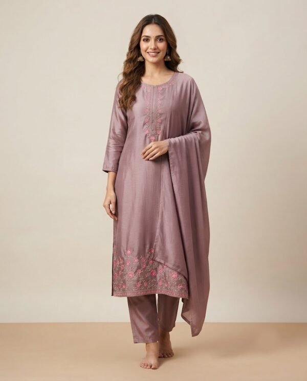 Floral Embroidered Chanderi Unstitched Suit Set