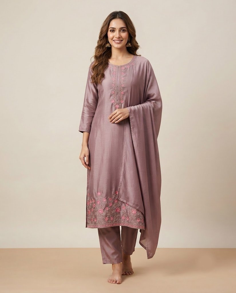 Floral Embroidered Chanderi Unstitched Suit Set