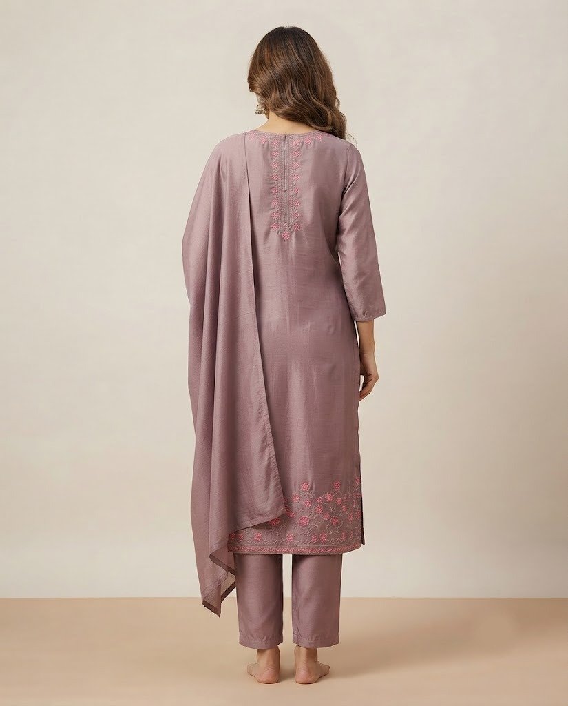 Floral Embroidered Chanderi Unstitched Suit Set - Image 2