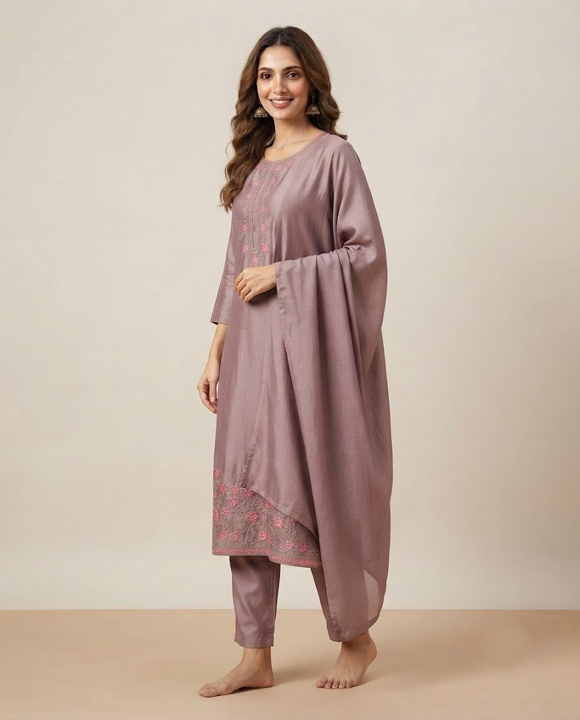 Floral Embroidered Chanderi Unstitched Suit Set - Image 3