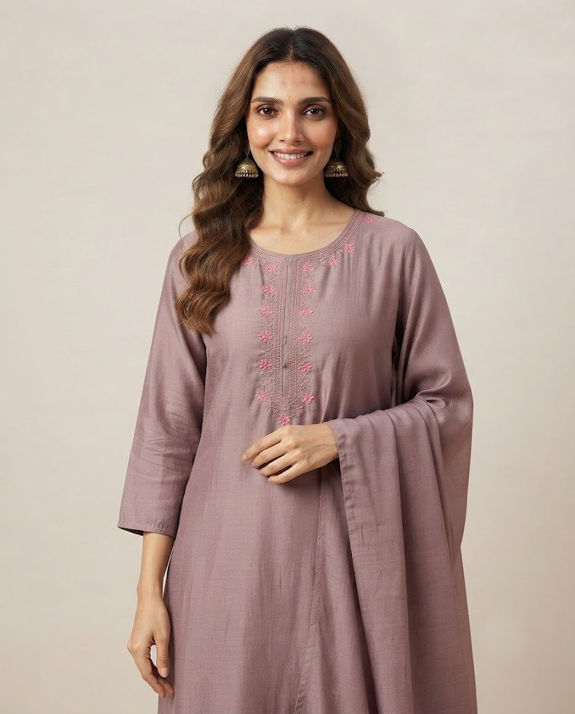 Floral Embroidered Chanderi Unstitched Suit Set - Image 4