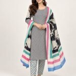 Black & White Chevron Cotton Unstitched Suit Set with Dupatta