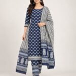 Navy Blue Floral Buti Cotton Unstitched Suit Set with Dupatta