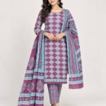 Magenta & Sky Blue Diamond Cotton Unstitched Suit Set with Dupatta