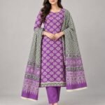 Purple & Grey Ikat Cotton Unstitched Suit Set with Dupatta