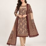 Maroon Kalamkari Floral Cotton Unstitched Suit Set with Dupatta