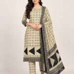 Cream & Black Geometric Cotton Unstitched Suit Set with Dupatta