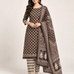 Coffee Brown Buti Cotton Unstitched Suit Set with Dupatta