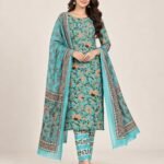 Turquoise Floral Jaal Cotton Unstitched Suit Set with Dupatta