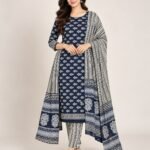 Navy Blue Booti Cotton Unstitched Suit Set with Dupatta