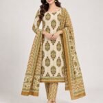 Cream & Mustard Mughal Buta Cotton Unstitched Suit Set with Dupatta