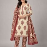 Cream & Maroon Paisley Buta Cotton Unstitched Suit Set with Dupatta