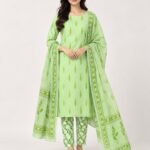 Pista Green Leaf Print Cotton Unstitched Suit Set with Dupatta