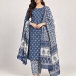 Indigo Blue Floral Cotton Unstitched Suit Set with Dupatta