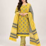 Mustard Yellow Floral Buti Cotton Unstitched Suit Set with Dupatta