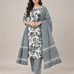 White & Grey Floral Cotton Unstitched Suit Set with Dupatta