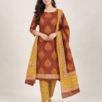 Rust & Mustard Leaf Print Cotton Unstitched Suit Set with Dupatta