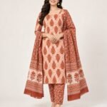 Peach & Rust Leaf Buta Cotton Unstitched Suit Set with Dupatta