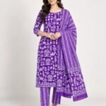 Purple Warli Print Cotton Unstitched Suit Set with Dupatta